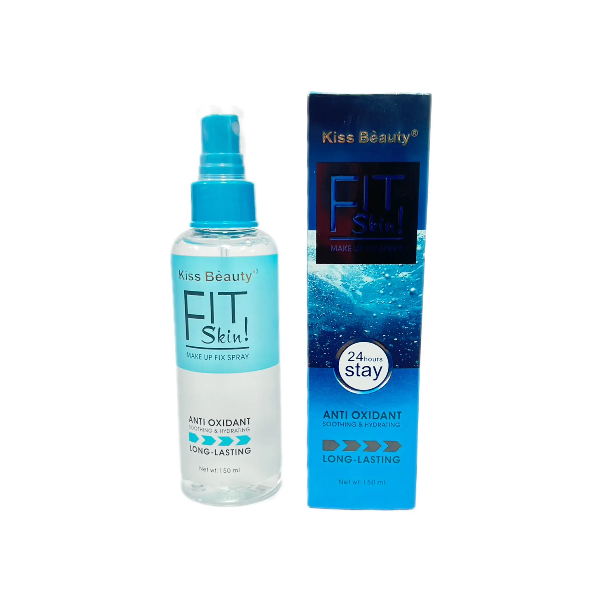اسپری فیکساتور آرایش کیس بیوتی Kiss Beauty آبی مدل فیت می FIT me حجم 150 میلی لیتر